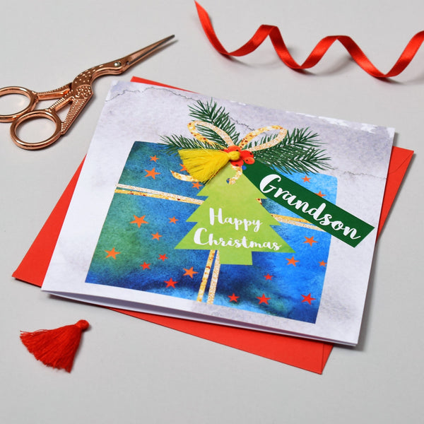 Christmas Card, Present, Grandson, Happy Christmas, Tassel Embellished