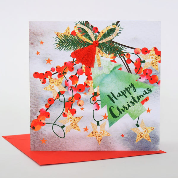 Christmas Card, Berries and Bow, Happy Christmas, Tassel Embellished