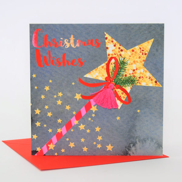 Christmas Card, Wand, Christmas Wishes, Embellished with a colourful tassel