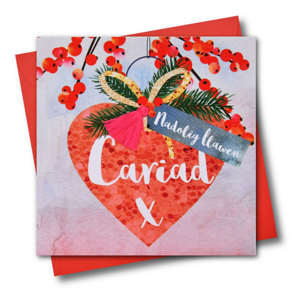 Welsh Girlfriend Christmas Card, Nadolig Llawen, Heart, Tassel Embellished