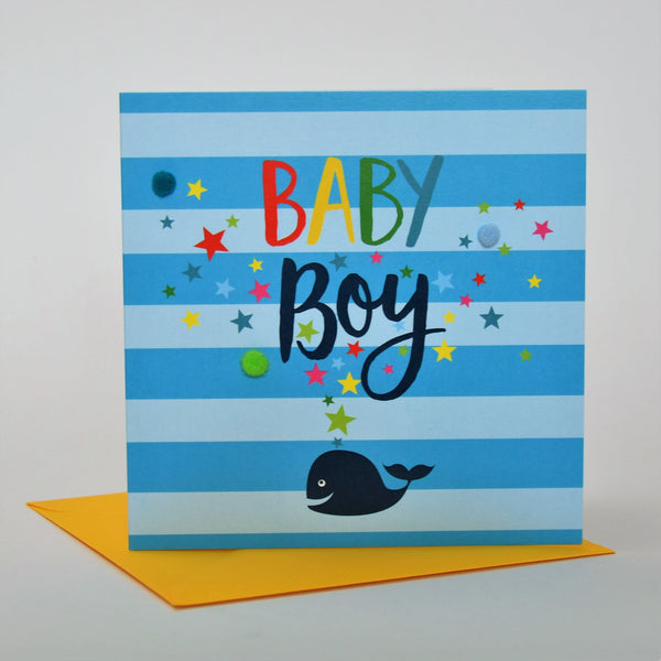 Baby Card, Whale, Baby Boy, Embellished with colourful pompoms