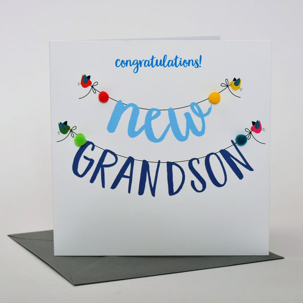 Baby Card, Banner, Congratulations! New Grandson, Embellished with pompoms