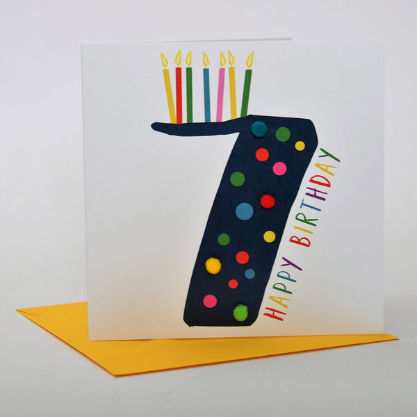 Birthday Card, Age 7 - Blue, 7 Happy Birthday, Embellished with pompoms