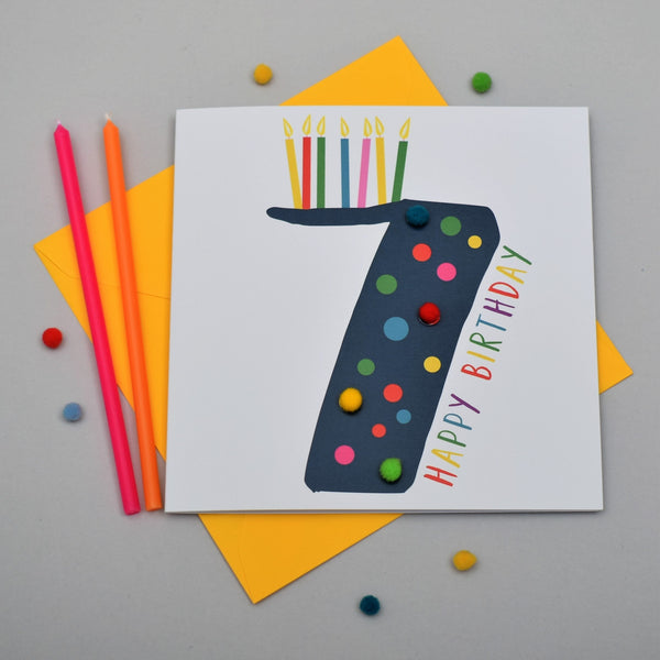 Birthday Card, Age 7 - Blue, 7 Happy Birthday, Embellished with pompoms