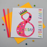 Birthday Card, Age 8 - Pink, 8 Today, Happy Birthday, Embellished with pompoms