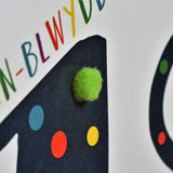 Welsh Age 18 Blue Birthday Card, Penblwydd Hapus, Embellished with Pompoms