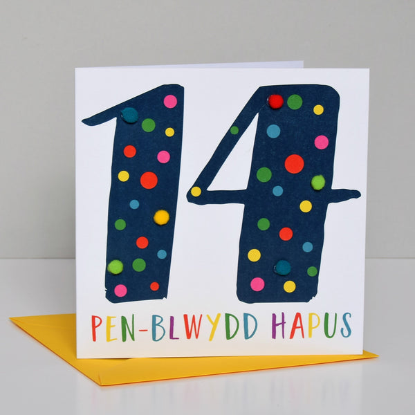 Welsh Age 14 Blue Birthday Card, Penblwydd Hapus, Embellished with Pompoms