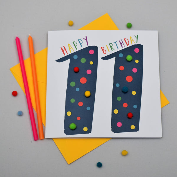 Birthday Card, Age 11 - Blue, Happy Birthday 11, Embellished with pompoms