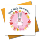 First Holy Communion Card, Pink Flowers, Embellished with pompoms