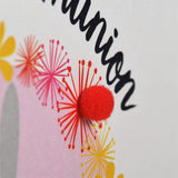 First Holy Communion Card, Pink Flowers, Embellished with pompoms