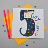 Birthday Card, Age 5 - Blue, 5 Today, Hooray!!!, Embellished with pompoms