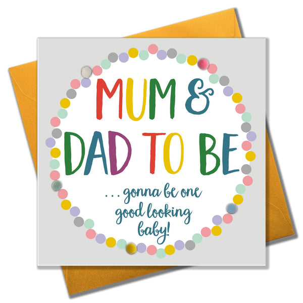 Baby Card, Colour Dots, Mum and Dad to Be Good Luck, Embellished with pompoms