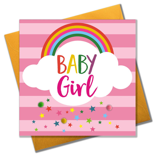 Baby Card, Pink Stripes, Baby Girl, Embellished with colourful pompoms