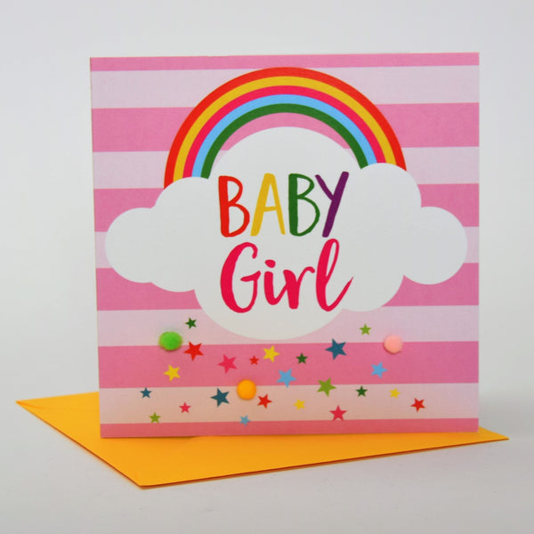 Baby Card, Pink Stripes, Baby Girl, Embellished with colourful pompoms