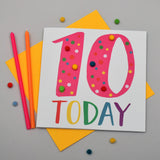 Birthday Card, Age 10 - Pink, 10 Today, Embellished with colourful pompoms