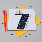 Welsh Age 7 Blue Birthday Card, Penblwydd Hapus, Embellished with Pompoms