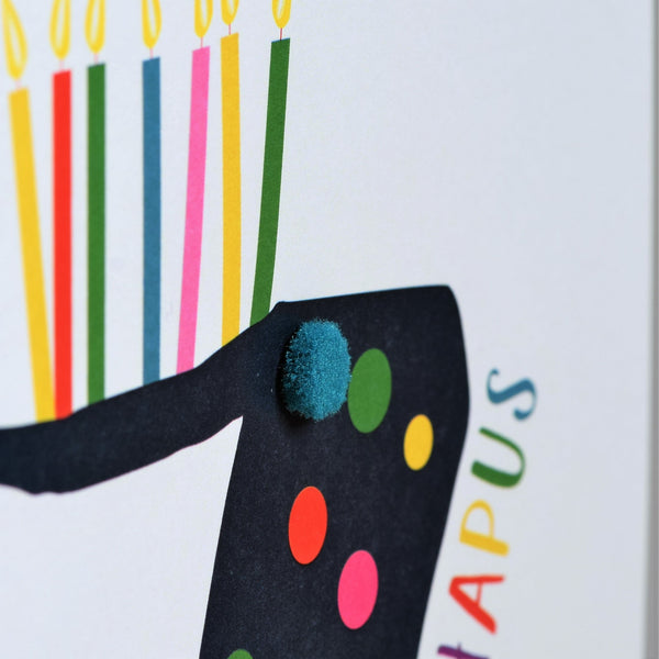 Welsh Age 7 Blue Birthday Card, Penblwydd Hapus, Embellished with Pompoms