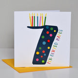 Welsh Age 7 Blue Birthday Card, Penblwydd Hapus, Embellished with Pompoms