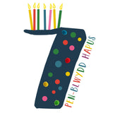 Welsh Age 7 Blue Birthday Card, Penblwydd Hapus, Embellished with Pompoms