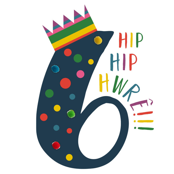 Welsh Age 6 Birthday Card, Penblwydd Hapus, Blue, Embellished with Pompoms