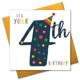Birthday Card, Age 4 - Blue, It's your 4th Birthday, Embellished with pompoms