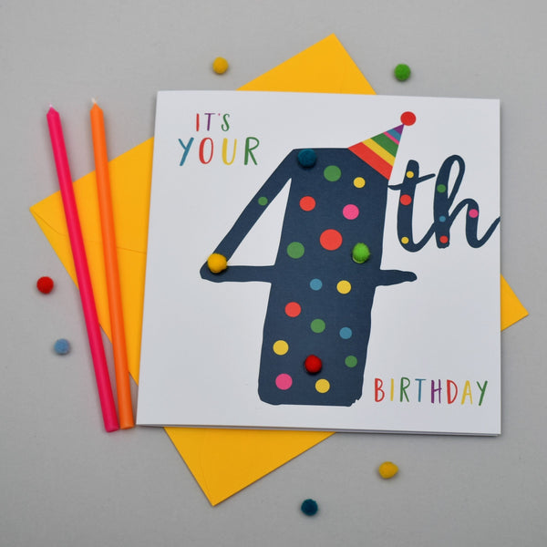 Birthday Card, Age 4 - Blue, It's your 4th Birthday, Embellished with pompoms