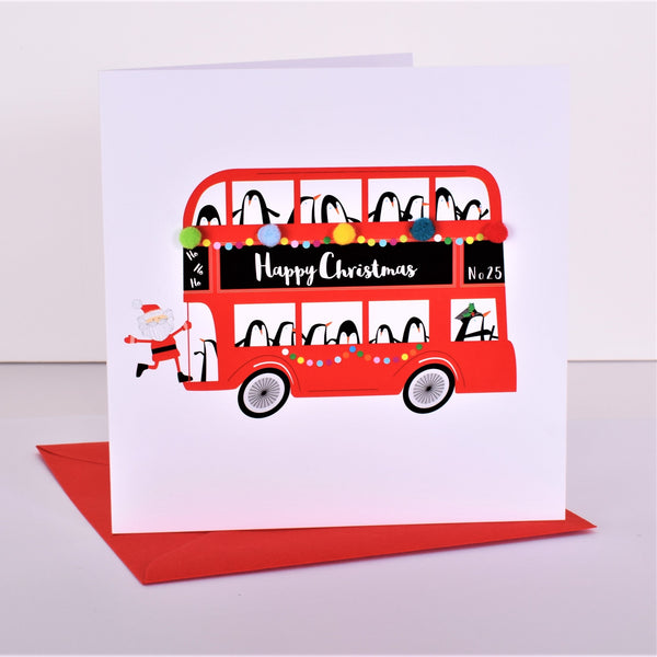 Christmas Card, Santa on the Bus, Embellished with colourful pompoms