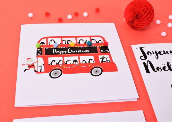 Christmas Card, Santa on the Bus, Embellished with colourful pompoms