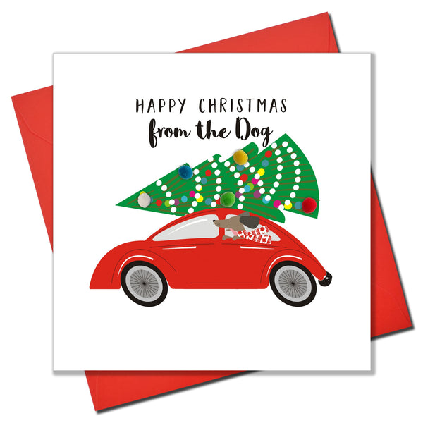 Christmas Card, Dog in the back of a Car, from the Dog, Embellished with pompoms