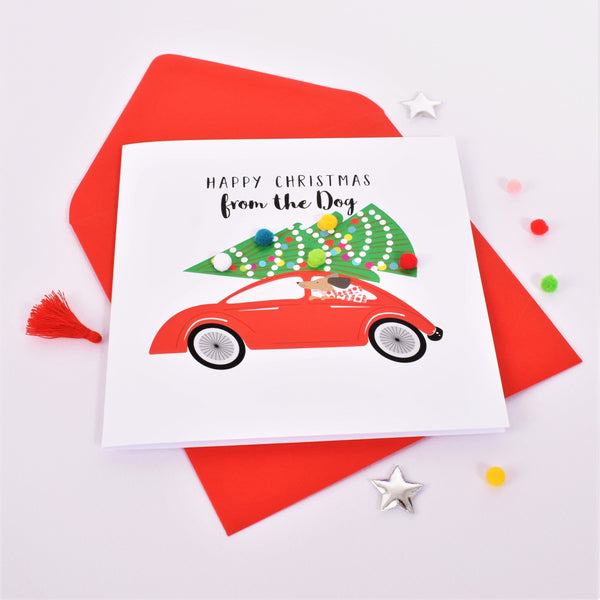 Christmas Card, Dog in the back of a Car, from the Dog, Embellished with pompoms