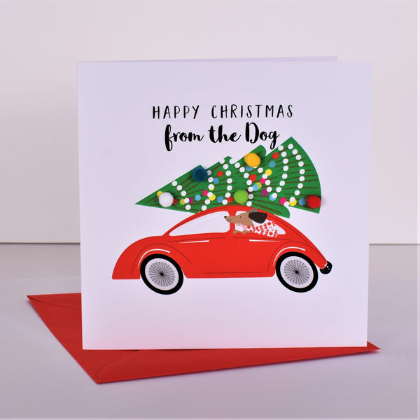 Christmas Card, Dog in the back of a Car, from the Dog, Embellished with pompoms