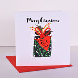 Christmas Card, Present with Heart Tag, The One I Love, Embellished with pompoms