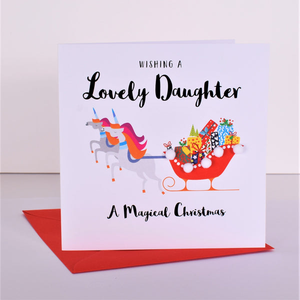 Christmas Card, Unicorn Sleigh, Lovely Daughter, Embellished with pompoms