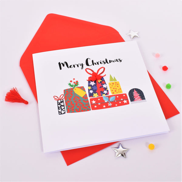 Christmas Card, Pile of Presents, Embellished with colourful pompoms