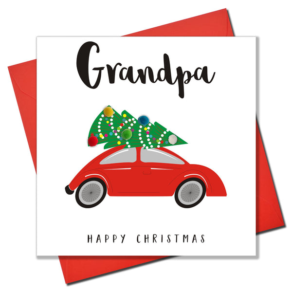 Christmas Card, Christmas Tree on Car, Grandpa, Embellished with pompoms