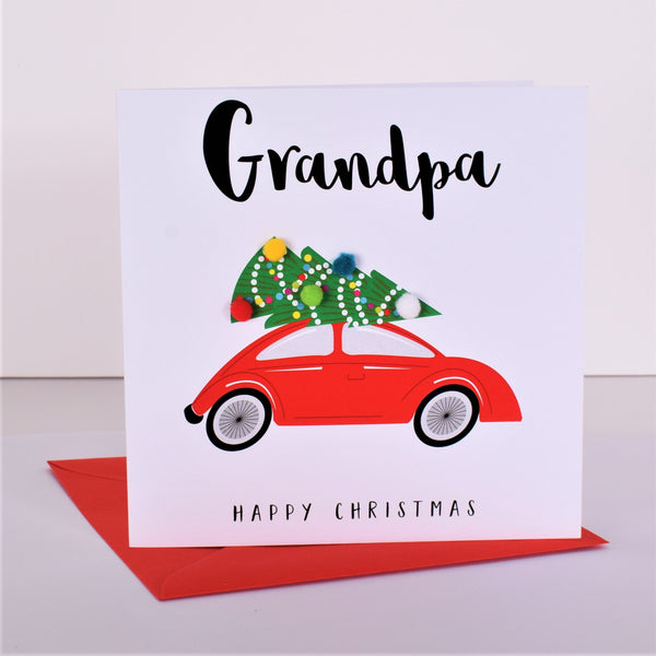 Christmas Card, Christmas Tree on Car, Grandpa, Embellished with pompoms