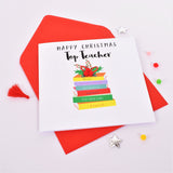 Christmas Card, Pile of School Books, Top Teacher, Embellished with pompoms