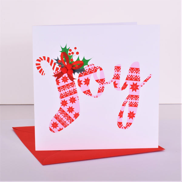 Christmas Card, Christmas Stocking, Joy, Embellished with colourful pompoms