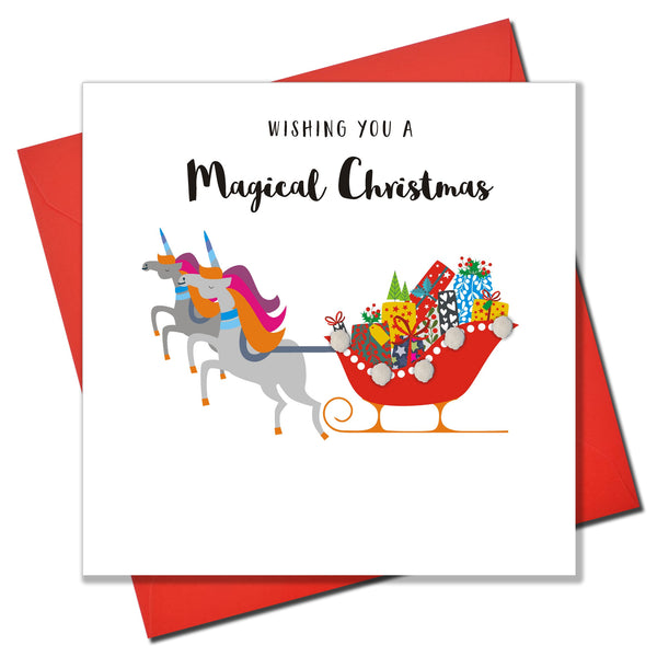 Christmas Card, Unicorn Sleigh, Embellished with colourful pompoms