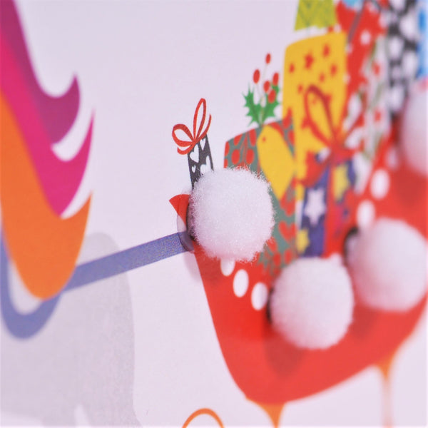 Christmas Card, Unicorn Sleigh, Embellished with colourful pompoms