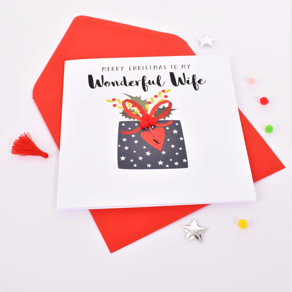 Christmas Card, Present with Heart, Wonderful Wife, Embellished with pompoms