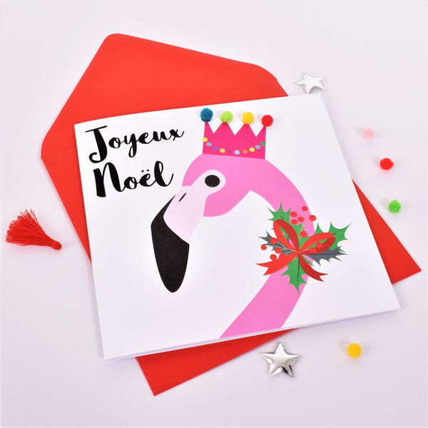 Christmas Card, Flamingo, Joueux Noel, Embellished with colourful pompoms