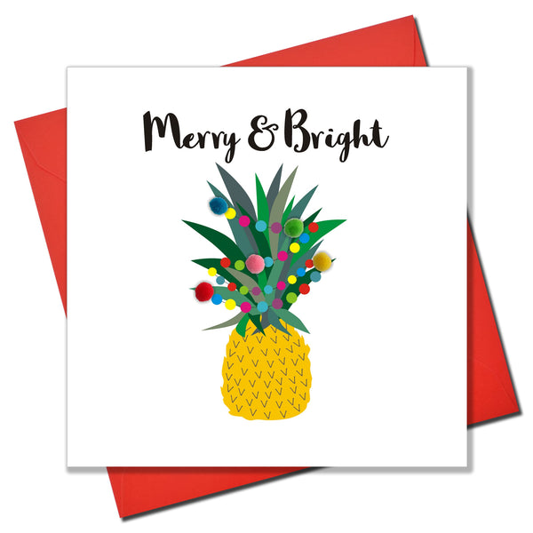 Christmas Card, Pineapple and Pompoms, Embellished with colourful pompoms