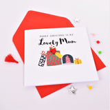 Christmas Card, Pile of Presents, Lovely Mum, Embellished with colourful pompoms
