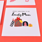 Christmas Card, Pile of Presents, Lovely Mum, Embellished with colourful pompoms