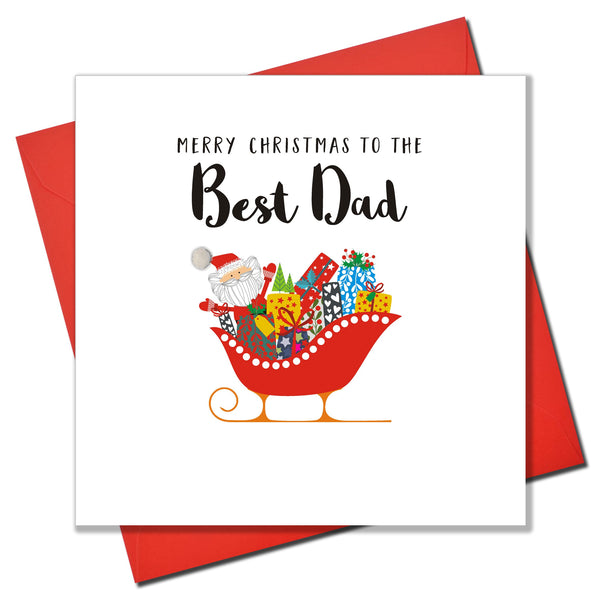 Christmas Card, Santa and Sleigh, Best Dad, Embellished with colourful pompoms