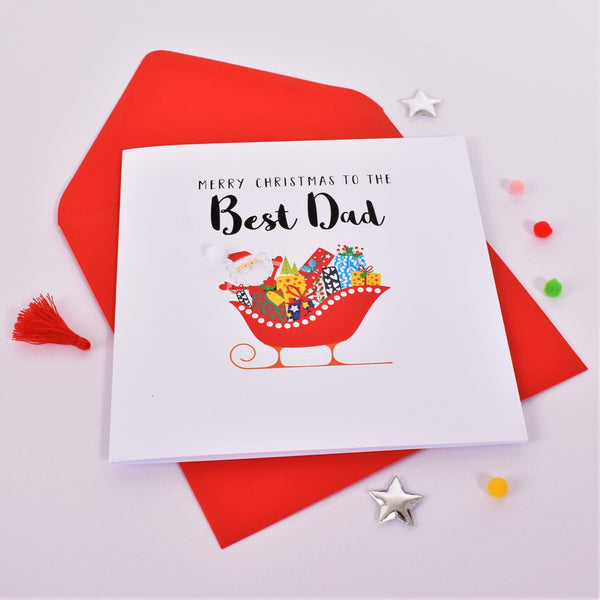 Christmas Card, Santa and Sleigh, Best Dad, Embellished with colourful pompoms