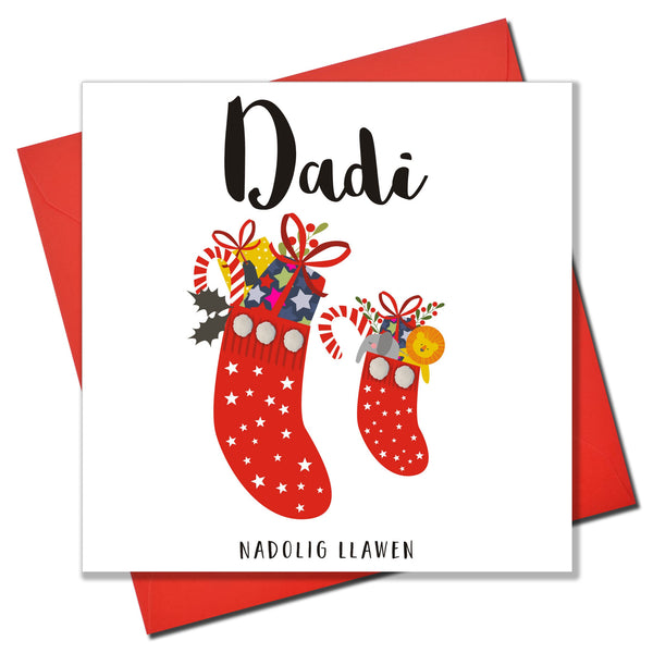 Welsh Daddy Christmas Card, Nadolig Llawen Dadi, Embellished with Pompoms