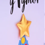 Welsh Christmas Card, Nadolig Llawen, Christmas Trees, padded star embellished