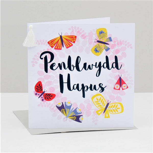 Welsh Birthday Card, Penblwydd Hapus, Butterfly Wreath, Tassel Embellished